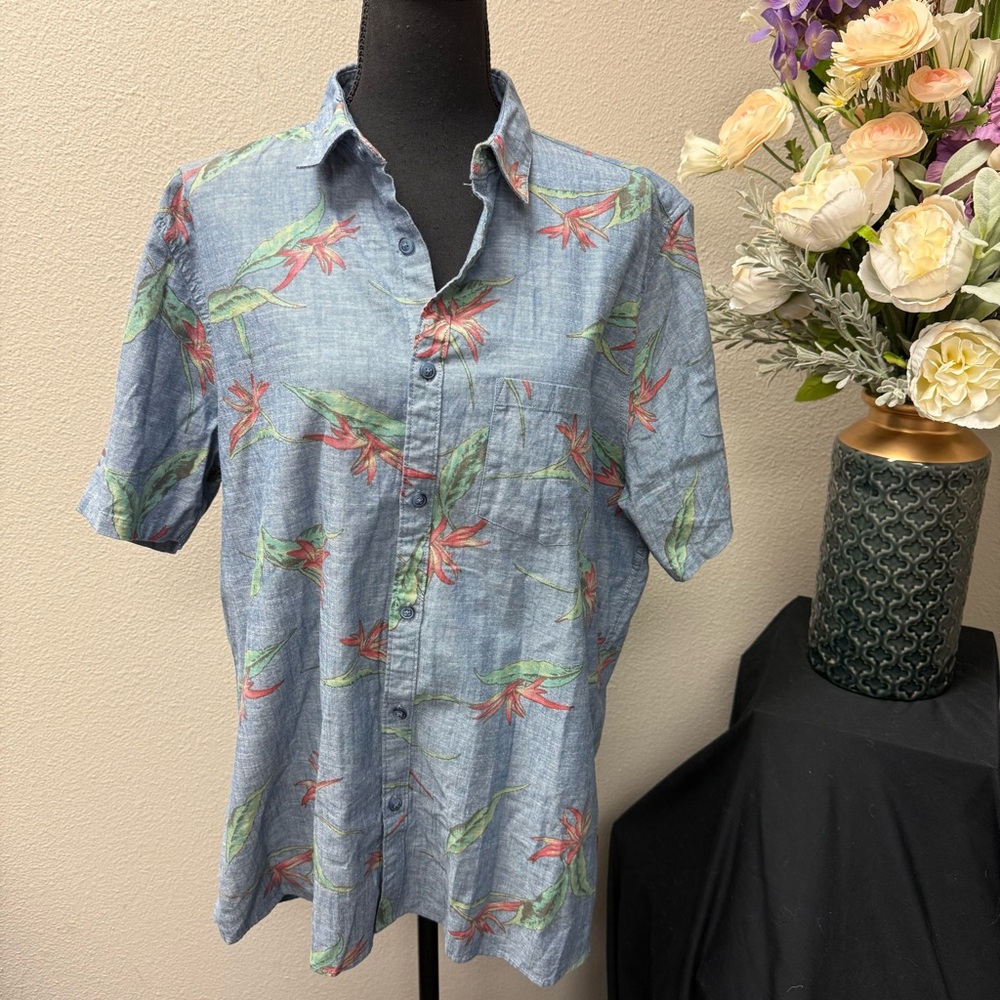 NWT Civil Society Blue Tropical Floral Button Shirt XL 100% Cotton Summer